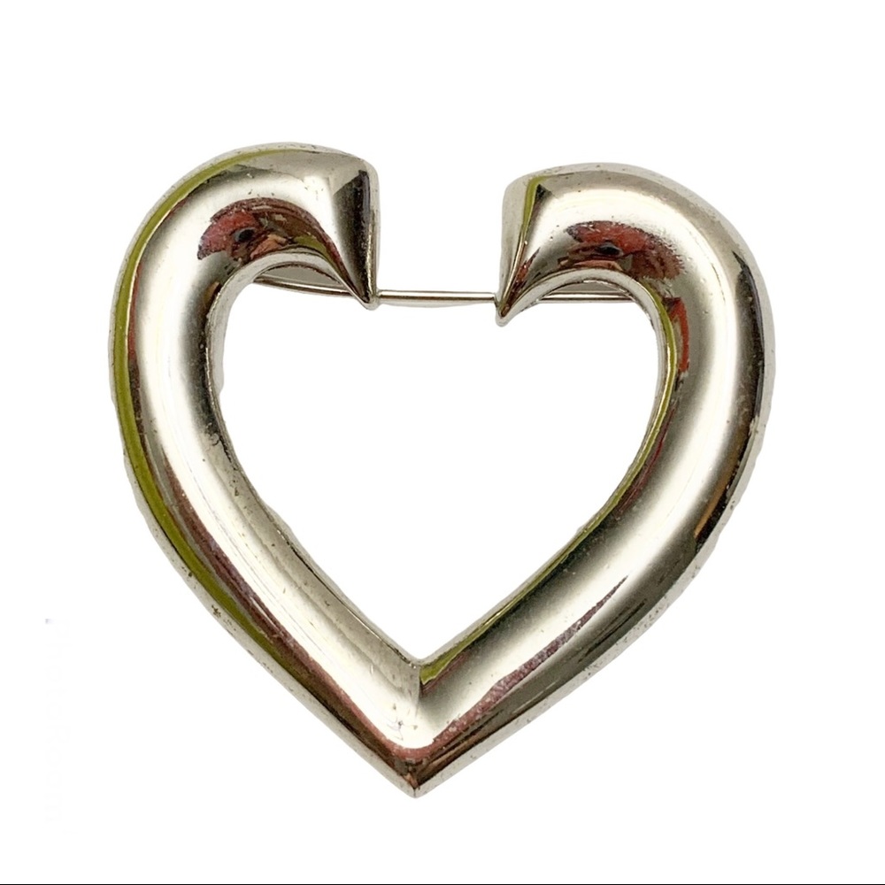 Silver tone stylized open heart brooch pin abstract modernist
